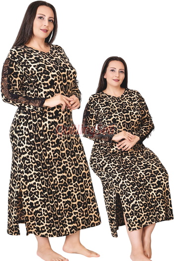 quilling Loepar Patterned and Long Sleeved 7279 Women, Oversized Mother Nightgown with Sleeve Lace Detail, Dress