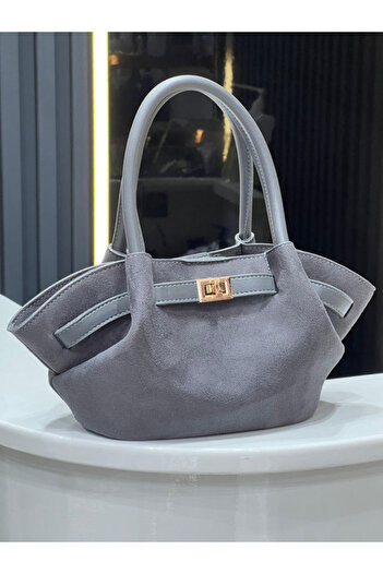 Assia Atelier Gray Women's Suede Look Mini Shoulder and Hand Bag - Buckled Model