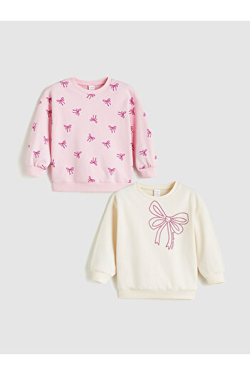LC Waikiki Crew Neck Bow Printed Girls' Sweatshirt 2-Pack