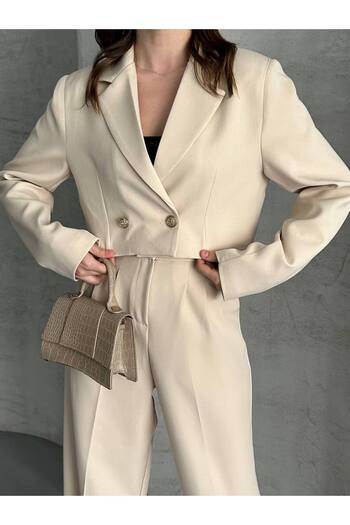 vesantia Women's Stone Color Double Buttoned Drum Fabric Crop Blazer Jacket & High Waist Palazzo Pants Set