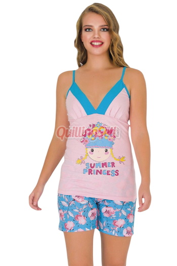 quilling Blue Powder Color Patterned 7652 Cotton Viscose Lycra String Strap Collar Shorts Pajama Set