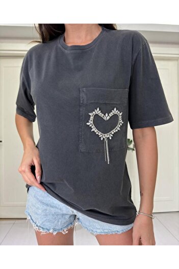 Nura Francy Women's Anthracite Color 100% Cotton Oversized Fit T-Shirt with Pocket Details, Suitable for Plus Sizes