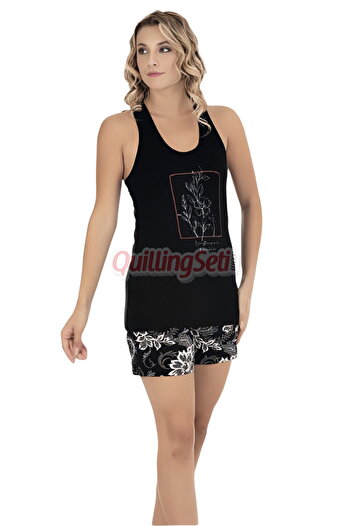 quilling Black Color Floral Patterned 7732 Cotton Viscose Lycra Strap Neck Shorts Pajama Set