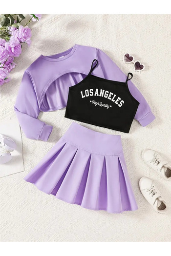 AEMİ Girls' Los Angeles Printed Crop-Pleated Skirt Set of 3