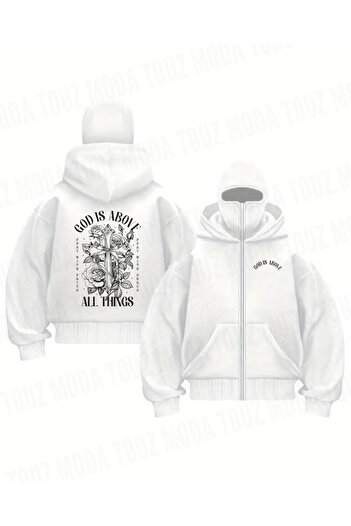 Touz Moda Маска Детальна Oversize Біла унісекс кофта з капюшоном на блискавці