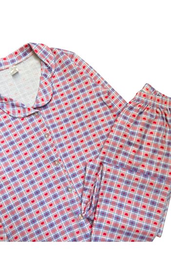 Pajama Shop Girl's 100% Cotton Pink Plaid Heart Patterned Shirt Collar Buttoned Pajama Set