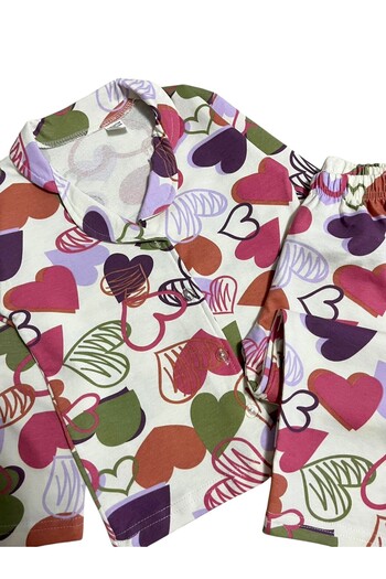 Pajama Shop Girl's 100% Cotton Ecru Colored Hearts Patterned Shirt Collar Buttoned Pajama Set