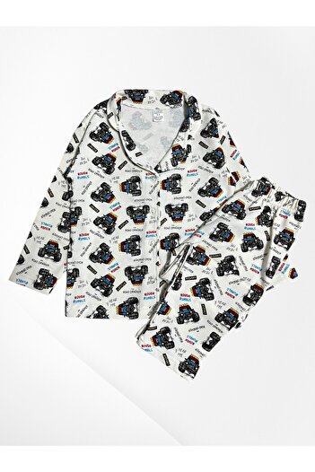 Pajama Shop Boy's 100% Cotton Ecru Monster Cip Patterned Shirt Collar Buttoned Pajama Set