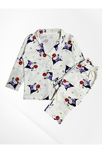 Pajama Shop Girl's 100% Cotton Ecru Color Kuromi Cherry Patterned Shirt Collar Buttoned Pajama Set