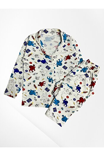 Pajama Shop Boy's 100% Cotton Ecru Dinosaur Patterned Shirt Collar Buttoned Pajama Set