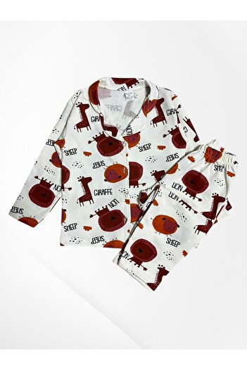 Pajama Shop Boy's 100% Cotton Ecru Color Giraffe Sheep Lion Patterned Shirt Collar Buttoned Pajama Set