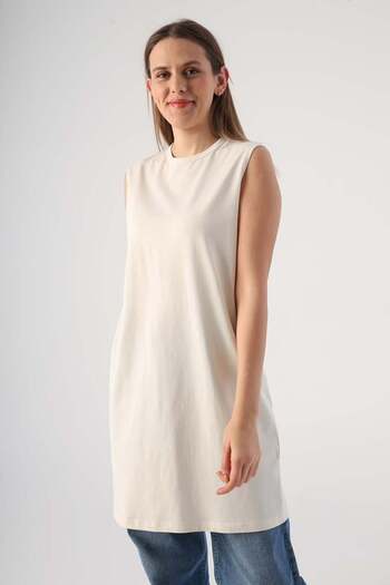 ALLDAY Ecru-Cotton Collared Sleeveless Tunic