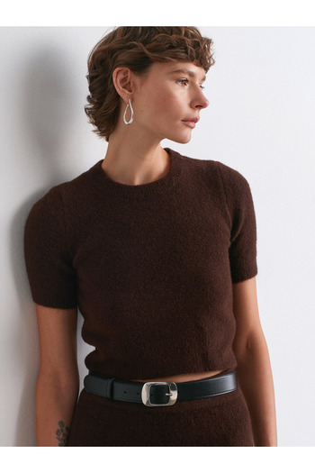 Dilvin 10651 Crew Neck Soft Textured Short Sleeve Knitwear Sweater-Brown
