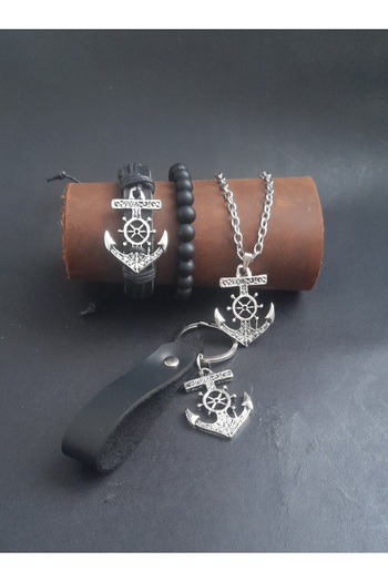 BSN Store 4 Piece Set of Khaki Leather Bracelet, Keychain and Necklace with Sailor Anchor Figures