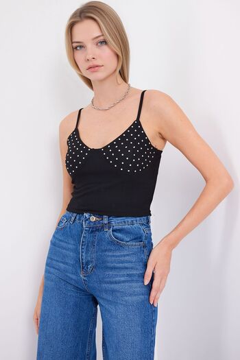 Hiccup Bdart Embroidered, Ribbed Crop Top, Straight Neckline