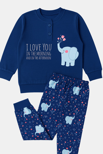 İYİBU Set de pijamale din bumbac interlock pentru fete – bleumarin cu model de elefant