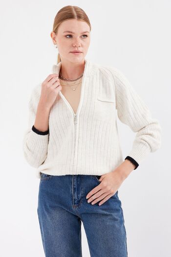 Hiccup Bdart Zipper Collar Ribbed Knitted Cardigan