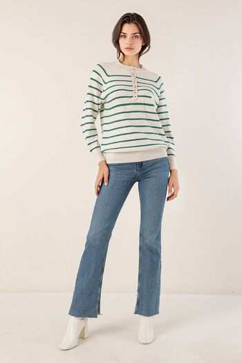 Hiccup Bdart Buttoned Closure Detailed Striped Knit Sweater