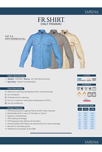 sarena قميص مقاوم للهب كات تو ماركة سارينا - PROBAN FLAME RESISTANT CAT-2, ATPV 8 CAL, SHIRT