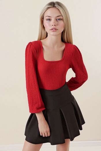 Hiccup Bdart Textured Square Neck Long Sleeve Blouse