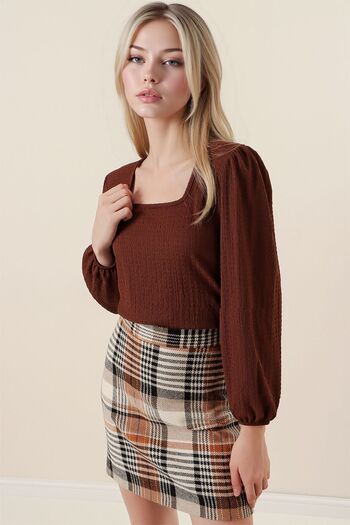 Hiccup Bdart Textured Square Neck Long Sleeve Blouse