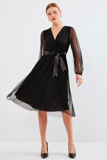 Hiccup Bdart Belted V-Neck Midi Tulle Dress