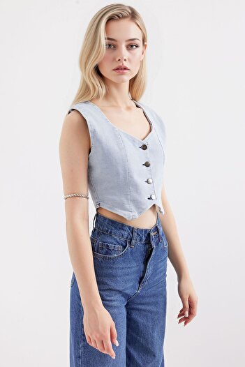 Hiccup Bdart Slim Fit Square Collar Denim Vest