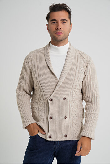 Trist Star Men's Beige Shawl Collar Six Button Double Breasted Wool Coat Cardigan Trist-5353