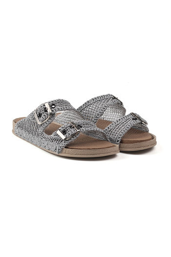 KAJILA Women's Gray Straw Slippers Knitted Lace Embroidered Knitwear Summer Vacation Home Casual Slippers