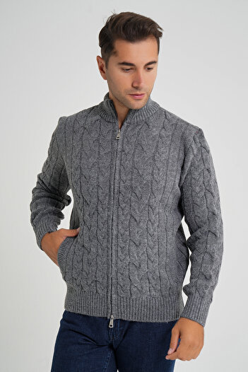 Trist Star Men's Dark Gray Pocketed Back Sleeve Ribbed Walk Hair Braided Stand Collar Wool Cardigan Trist-5357