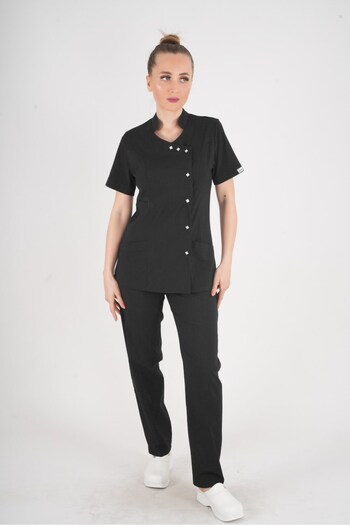 Nur Medikal Giyim Set de uniforme pentru medic, asistentă și bucătar din lycra moale, negru, model Aylu