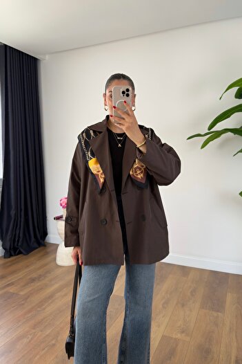 BİRCANÇİL Md Cone Bitter Brown Button Detailed Short Trench Coat