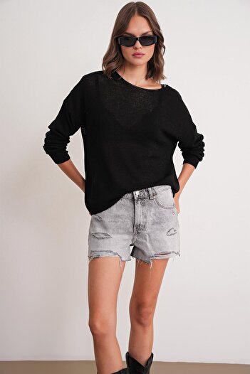 Mixray 6933 Women's Boat Neck Slim Seasonal Knitwear Sweater Black