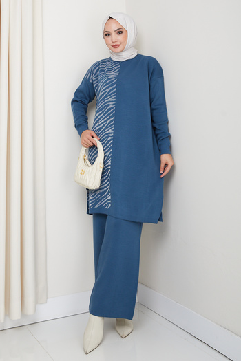 FERHEL Half Zebra Detailed Comfortable Fit Women's Tunic and Pants Hijab Knitwear Set