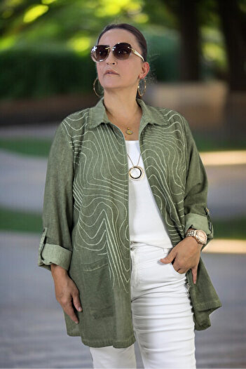 yagmurberen Cepled Zippered Folding Sleeve Detail Waist-Tie Extra Large Size Seasonal Thin Safari Jacket