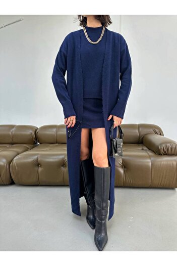 Lamierra Skirt-Pullover-Cardigan Yumoş Women's Knitwear 3-Piece Sweater-Top and Bottom Set