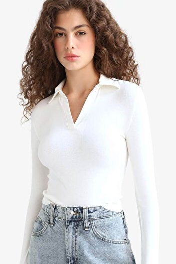 DeFacto Fitted Polo Neck Basic Plain Modal White Women's Long Sleeve T-Shirt E7938Ax/Wt32