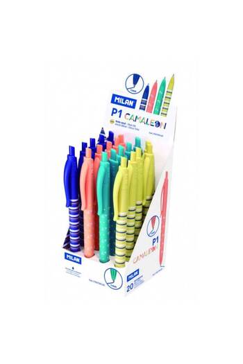 Milan Pix cu gel, culoare multicoloră, material plastic, vârf de 1 mm, cerneală albastră, 4 modele, set de 20 bucăți