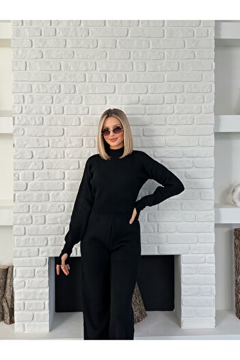 LE CARAMBOLE Women's Black Half-High Neck Knitwear Top and Bottom Set