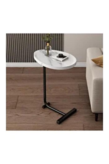 Crestj Modern Coffee Table | C-Shaped Side Table with White Marble Top and Black Metal Legs