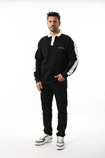 Rodrigo Men's Half Oversize Cotton Soft Fleece Lined Hooded Polo Neck Buttoned Sweatshirt