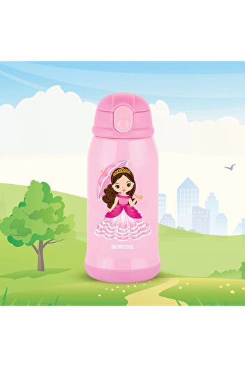 Borosil Princess Kids Sipper Water Bottle 500ml, Stainless Steel, Hot & Cold 12 Hrs, Straw & Carry Bag-Pink