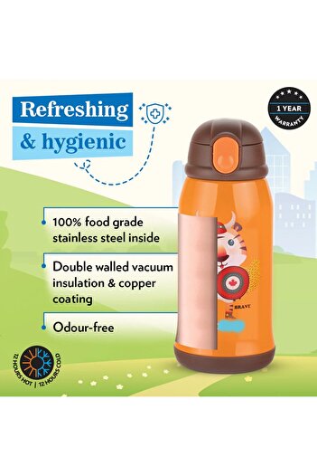 Borosil Tigry Kids Sipper Water Bottle 500ml, Stainless Steel, Hot & Cold 12 Hrs, Straw & Carry Bag-Orange