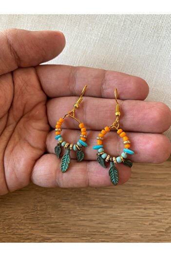 dela otantik Orange and Turquoise Beaded Leaf Earrings |   Handmade Bohemian Authentic Ethnic Bijouterie Jewelry