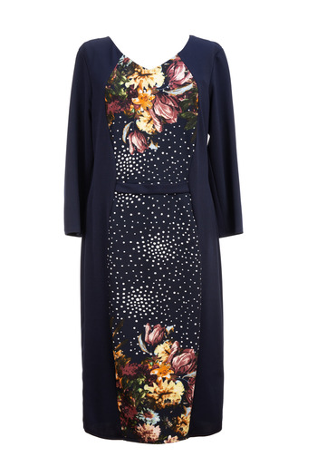 FARA Women's dress, navy blue color, with floral pattern on the front
