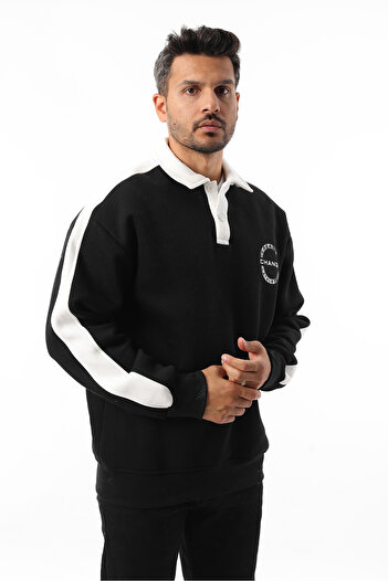 Rodrigo Men's Half Oversize Cotton Soft Fleece Lined Hooded Polo Neck Buttoned Sweatshirt