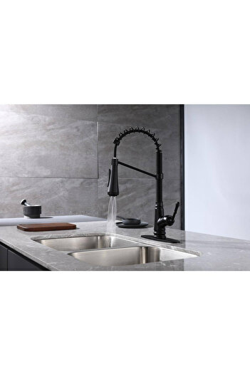 BisDesign Baterie chiuvetă bucătărie, duș extractibil, 4 funcții de debit, finisaj negru mat antic, dimensiune 48 cm