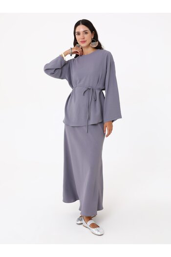 Refka Tunic Skirt Double Set with Tie Detail at the Waist - Gray -