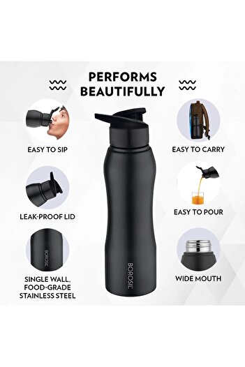 Borosil Grip-n-Sip stainless steel water bottle, Black 750ml