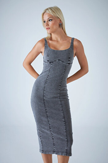 Cool & Sexy Women's Anthracite Back Zipper Midi Dress Tss104